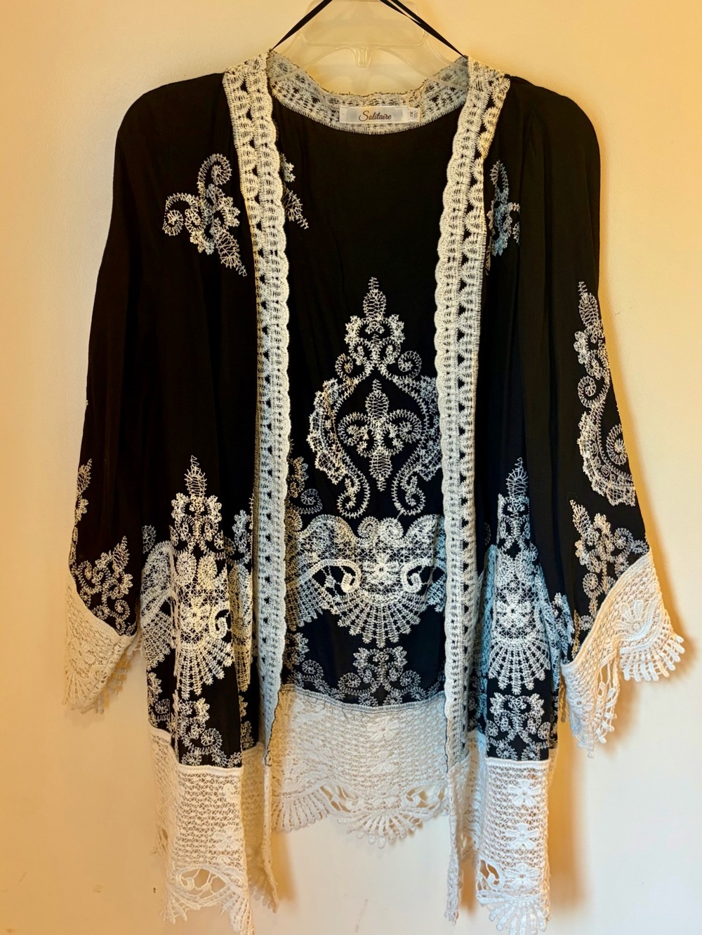 Solitaire Black Jacket with White Embroidered Crochet Trim